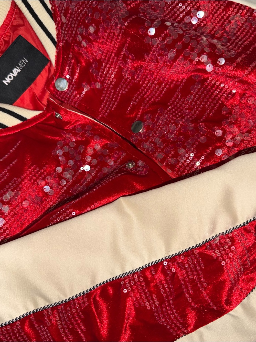 Fashion Nova Red Sequin Bomber Jacket with Cream Trim